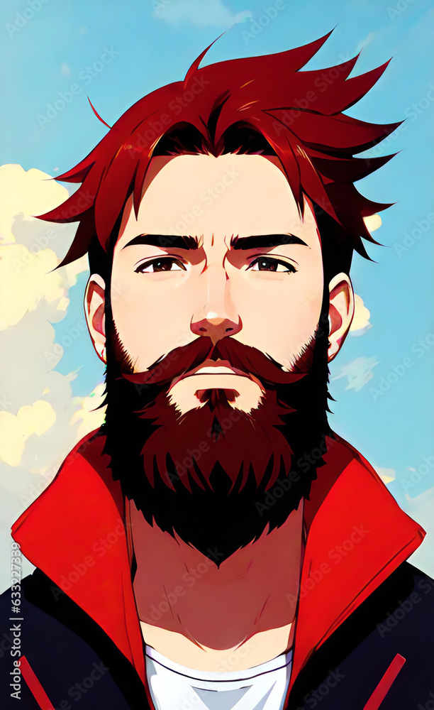 Anime male man with red hair and beard. Red hair anime boy Manga style ...