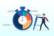 Business man stand with stop watch timer time spend pie chart, time tracking system or time management to manage project or productivity, evaluate efficiency or project resources planning (Vector)