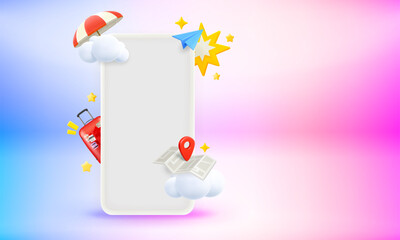 Poster - Modern smartphone with travel elements and blank screen. 3d vector banner with copy space