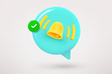 Poster - Speech cloud with bell and green checkmark. 3d vector icon
