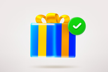 Poster - Blue gift box with golden bow and checkmark. 3d vector icon