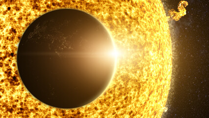Poster - A captivating motion graphic visuals of planet Earth passing the Sun causing an eclipse that partially obscuring the solar brilliance