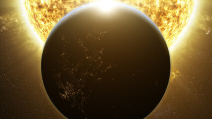 Poster - A captivating motion graphic visuals of planet Earth passing the Sun causing an eclipse that partially obscuring the solar brilliance