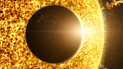 Poster - A captivating motion graphic visuals of planet Earth passing the Sun causing an eclipse that partially obscuring the solar brilliance