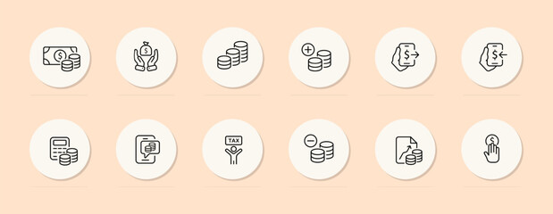 Money line icon. Coins, graph, internet payment, smartphone, taxes, credit card. Pastel color background. Vector line icon for business