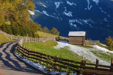 Wall Mural - Shed on a meadow in the alps by a country road