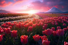 Surreal Landscape Filled With Blooming Tulips. Generative AI