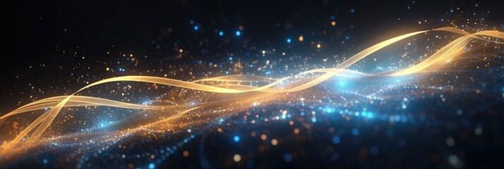 Poster - Abstract background with gold and blue glowing neon moving high speed wave lines and bokeh lights
