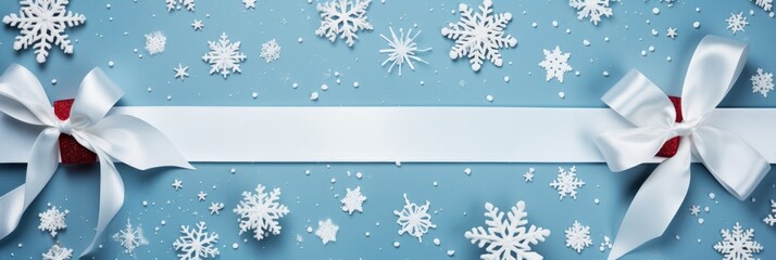 Merry Christmas and Happy Holidays greeting card, banner. Snowflakes and Christmas ribbon on a blue background