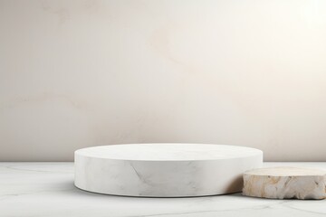 Poster - Stone piece podium in white clean room. Front view - Minimalism background for products cosmetics, food or jewellery