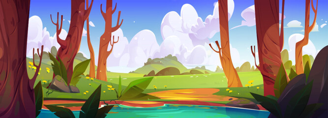 Wall Mural - Spring forest landscape with lake and flowers. Vector cartoon illustration of beautiful green valley with bushes and hills, footpath running to small blue pond between old trees, sunny sky with clouds
