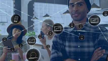 Poster - Animation of network of digital icons against portrait of biracial man smiling at office