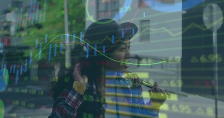 Poster - Animation of stock market data processing over asian woman talking on smartphone on the street