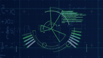 Poster - Animation of round scanner, mathematical equations and data processing against blue background