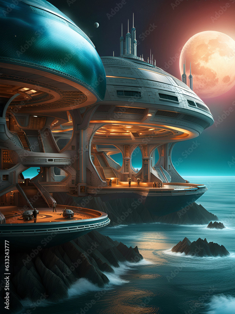 space base on alien planet with mountains, rocks and ocean, generative ...