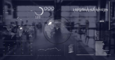Poster - Animation of globe in circle, graphs, loading bar and circles with changing numbers over office