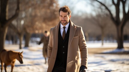 Poster - handsome young man in coat in the park. Generative Ai