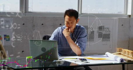 Poster - Animation of mathematical equation and diagrams, asian architect designing blueprint on laptop