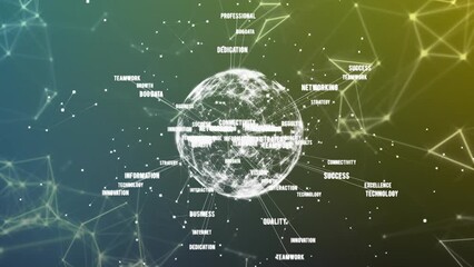 Poster - Animation of texts around globe and connected dots forming geometric shapes over gradient background