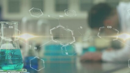 Poster - animation of molecule structures and liquid filled beaker, blurred scientist working in laboratory