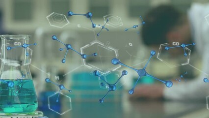 Poster - animation of molecule structures and liquid filled beaker, blurred scientist working in laboratory