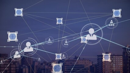Poster - Animation of icons connected with lines over modern city against clear sky