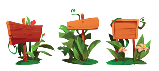 Poster - Jungle wooden sign board with plants and flowers. Cartoon vector illustration of signpost or text banner made of wood and surrounded by green grass. Tropical frames and panels for label writing.