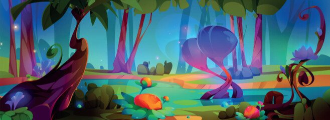 Wall Mural - Magical fantasy forest with bright glowing fancy plants and shapes in cartoon vector illustration. Dreamlike world with lake, trees and flowers. Fantastic landscape for games or fairy tales.