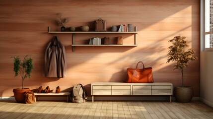 Wall Mural - Wooden shelf near wall Interior design of modern and  contemporary living room. Generative Ai