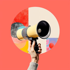 Wall Mural - Person holding a megaphone on vibrant collage style background