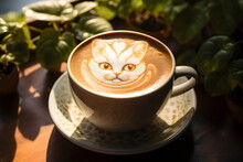 Latte With Art In Cat Design In Cup And Saucer On Wooden Table In Cafe	