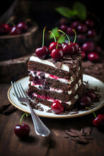 Decadent Slice Of Black Forest Chocolate Layer Cake With Cream And Fresh Cherries