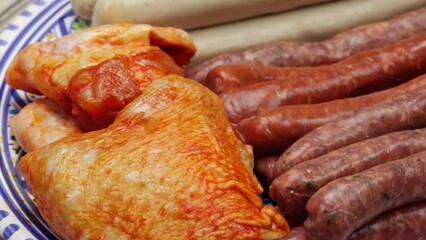 Poster - poulet, saucisses et merguez crus, en gros plan