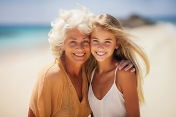 Wall Mural - AI generated image of grandmother with grandchildren on beach