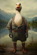 Portrait Of Serious Goose Standing Upright Wearing Peasant Clothing On Mountain Background