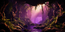 Mystic Cave With A River And Purple Light And Sunrays, Overgrown With Plants And Moss