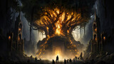 Fototapeta  - Burning offer tree with a portal to another dimension, surrounded by mist, fire, figures standing in front