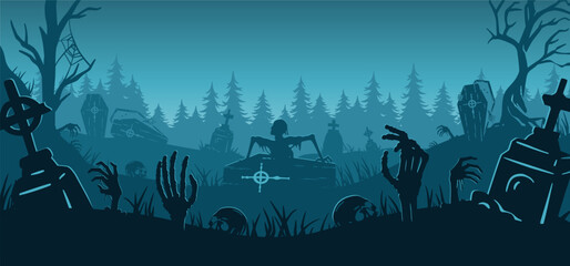 Halloween background with zombie and skeleton hand, cemetery for holiday poster. Creepy and mystical background with cross, grave, tombstone and dead man for dark fear october design