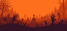 Halloween Background With Zombie Hand And Skeleton Hand, Cemetery For Holiday Poster. Creepy And Mystical Background With Cross, Grave, Tombstone And Dead Man For Dark Fear October Design