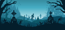 Halloween Background With Zombie And Skeleton Hand, Cemetery And Castle For Holiday Poster. Creepy And Mystical Background With Cross, Grave, Tombstone And Dead Man For Dark Fear October Design