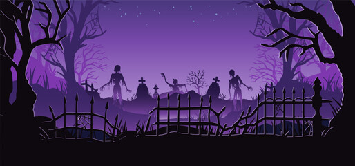 Halloween background with zombie and walking dead, cemetery fence for holiday poster. Creepy and mystical background with cross, grave, tombstone and dead man for dark fear october design