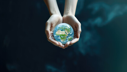 Woman hand holding earth, save planet, earth day, sustainable living, ecology environment, climate emergency action, world environment day concept, illustration for global warming content