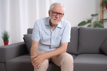 Old man knee pain sofa. Generate Ai