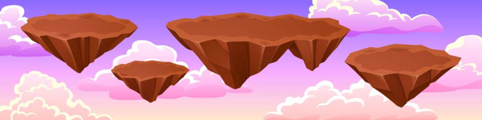 Poster - land island floating in pink sky game vector illustration. cartoon level with empty ground platform 