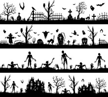 Set Of Halloween Seamless Panoramas With Halloween Silhouette Of Apocalypse, Cemetery Elements For Fear Holiday Background