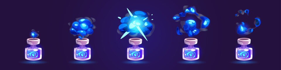 Aufkleber - Blue game elixir bottle with cloud animation sprite isolated on background. Potion glass jar with chemical explosion vector 2d set. Witchcraft medication flask with spell evaporation effect and glow