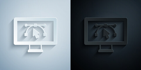 Paper cut Computer display with vector design program icon isolated on isolated on grey and black background. Photo editor software with user interface. Paper art style. Vector