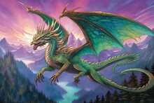 Majestic Dragon Soaring Across A Mythical Landscape: Glowing Emerald And Amethyst Scales In Stunning Dragon Drawings, Generative AI