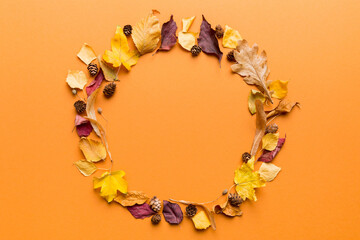 Wall Mural - autumn composition made of dried leaves, cones and acorns on table. flat lay, top view