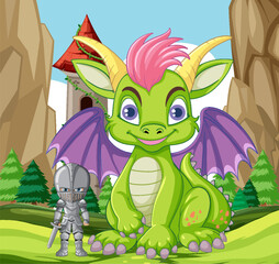 Poster - Cute Dragon with Knight in Cartoon Style